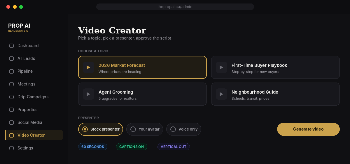 Video studio screen showing topic selection and presenter options